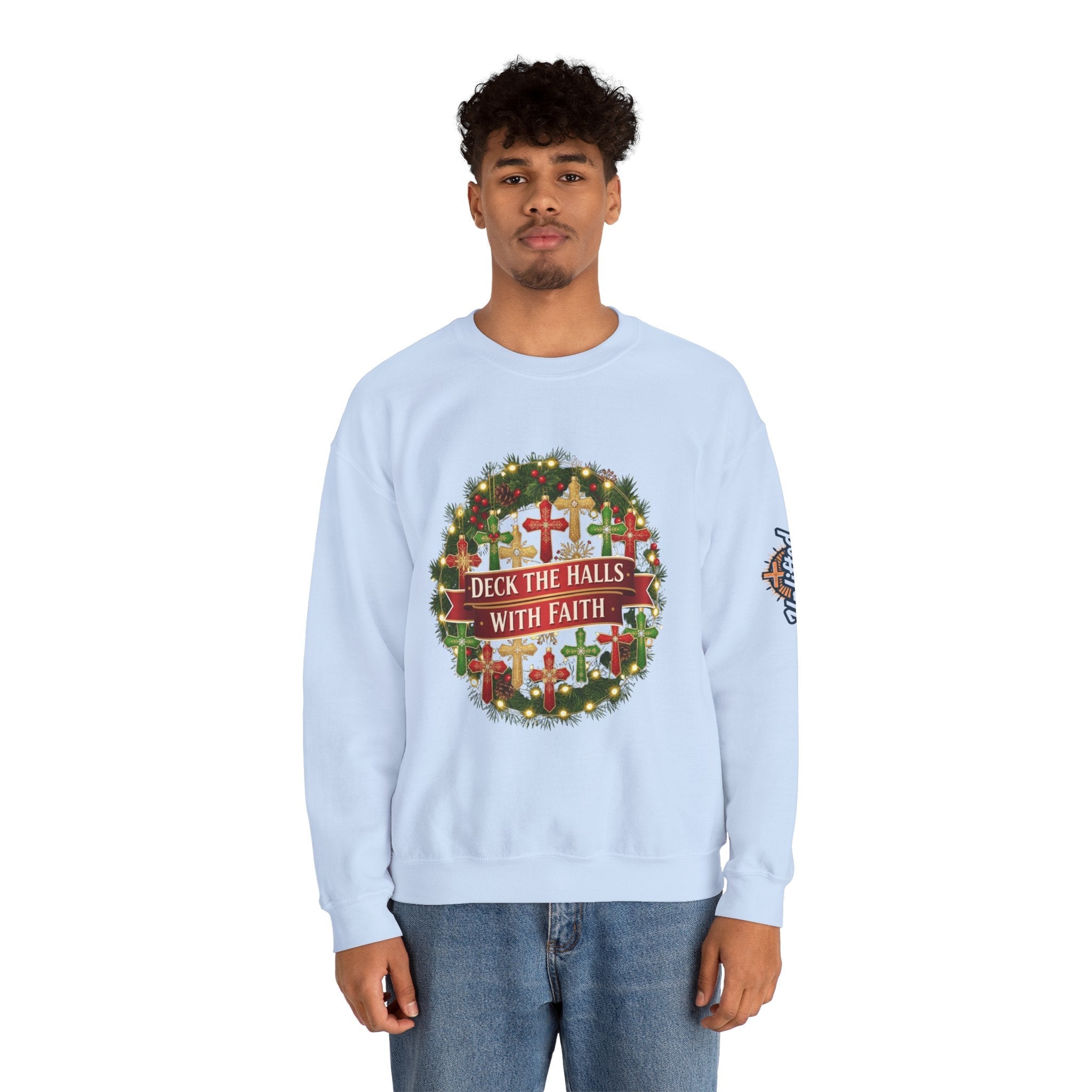 🎄 Deck the Halls with Faith – Christian Christmas Sweatshirt | Cross Ornament Design & Festive Garland | Bold Holiday Faith Tee by Uplifted Gear Printify