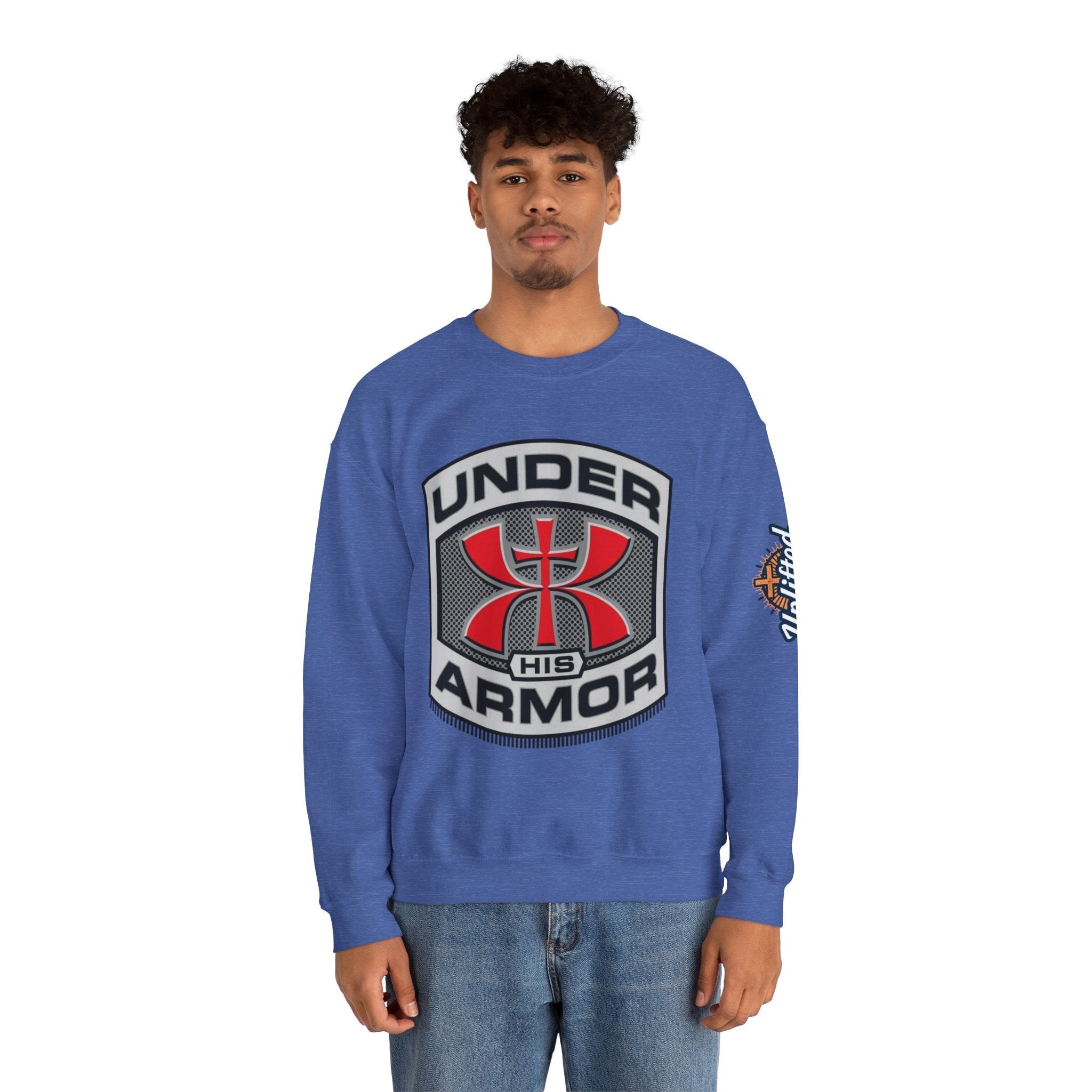 Under His Armor Crewneck Sweatshirt — Christian Faith Graphic Pullover Printify
