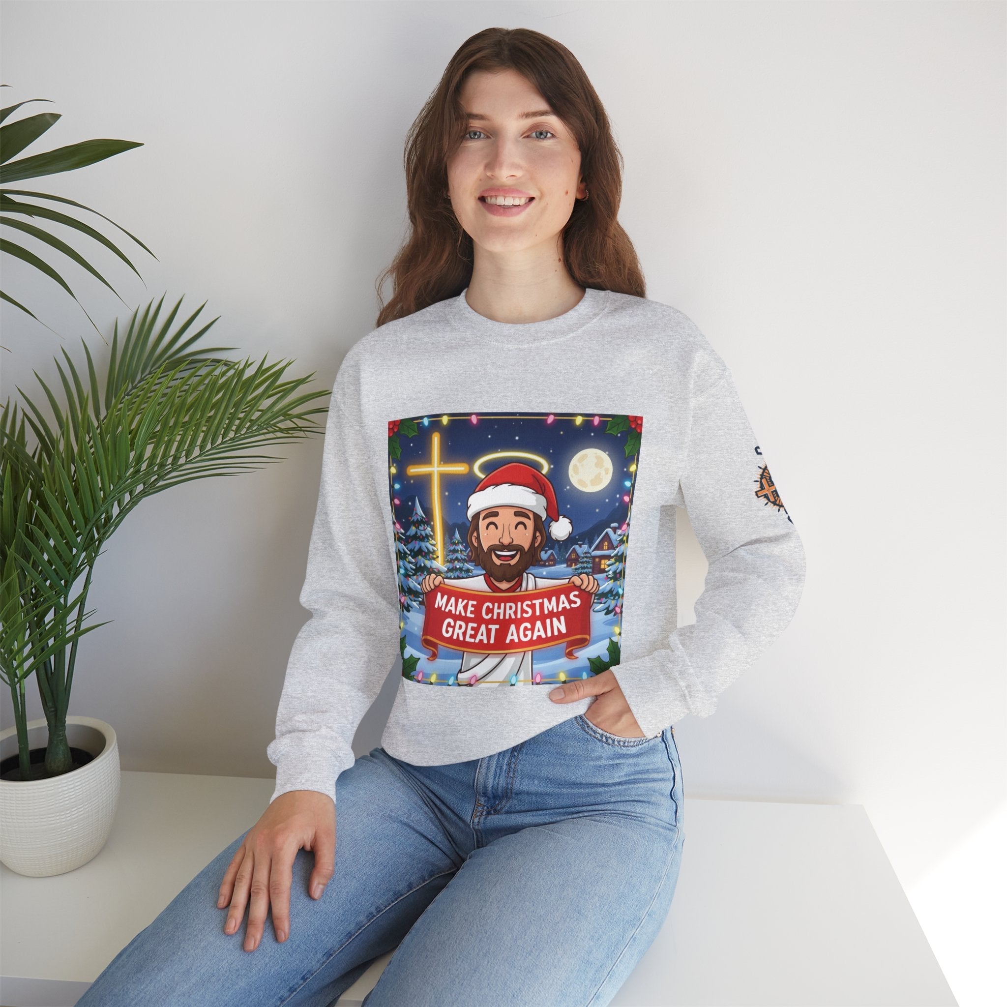 🎄 Make Christmas Great Again – Funny Christian Sweatshirt | Jesus Holding Banner | Faith-Based Holiday Parody Tee | Uplifted Gear Printify