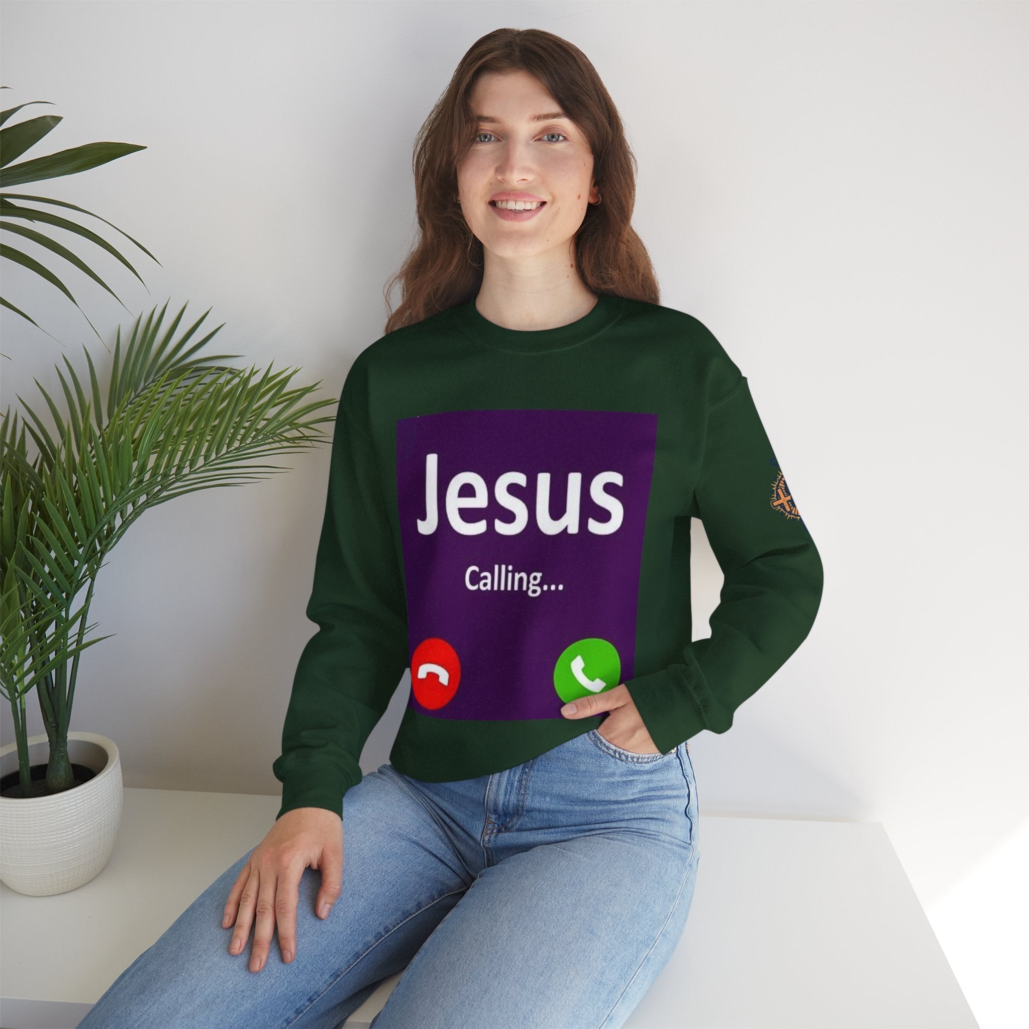 Jesus Calling Sweatshirt – Funny Cell Phone Screen Christian Sweatshirt for Divine Connection & Faith Humor Printify