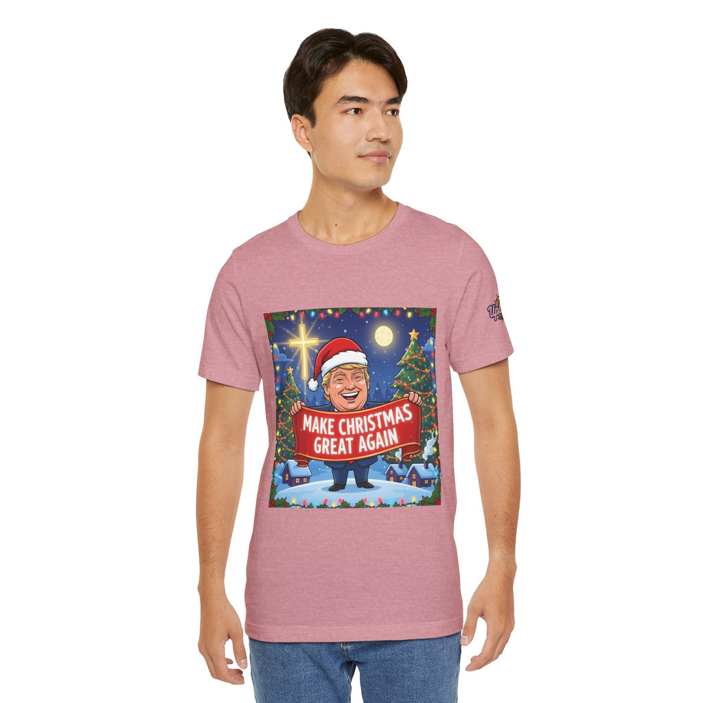 🎄 Make Christmas Great Again – Patriotic Christian Christmas T-Shirt | Bold Holiday Faith Tee | Red & White Banner Design | Uplifted Gear Printify
