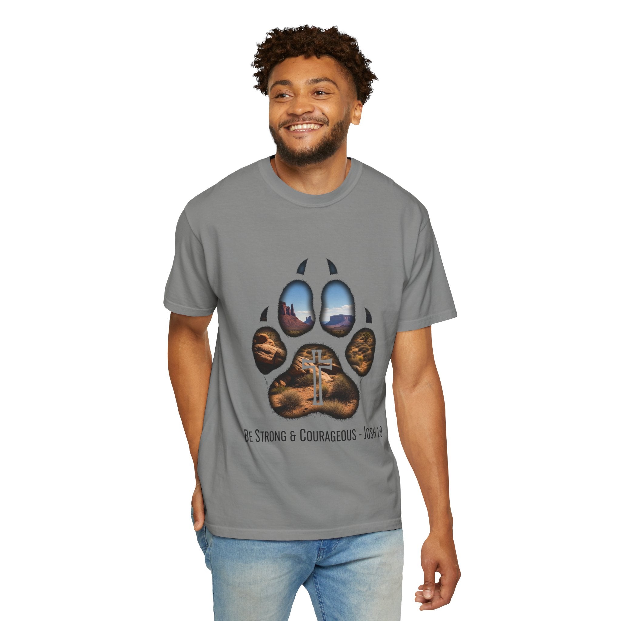 Strong and Courageous T-Shirt – Canine Pawprint Desert Joshua 1:9 Christian Tee Printify