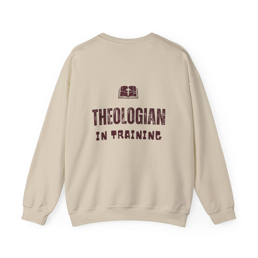 Theologian in Training Sweatshirt – Open Bible & Cross Christian Sweatshirt for Faithful Growth Printify