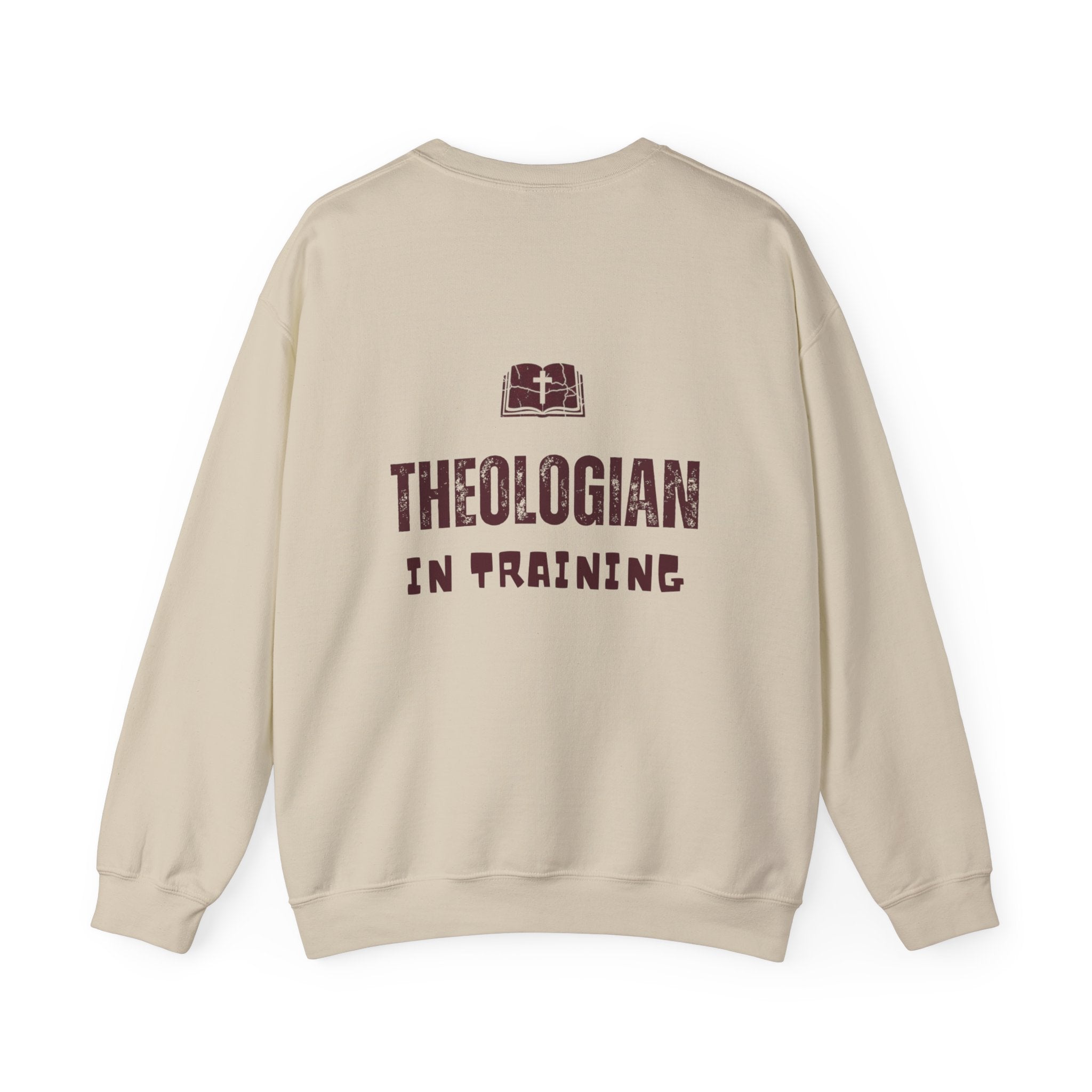Theologian in Training Sweatshirt – Open Bible & Cross Christian Sweatshirt for Faithful Growth Printify