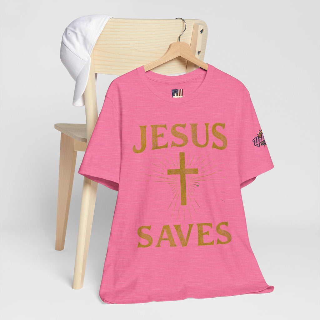 Jesus Saves T-shirt – Radiant Cross & Rays of Light Christian T-shirt for Eternal Hope & Faith Printify