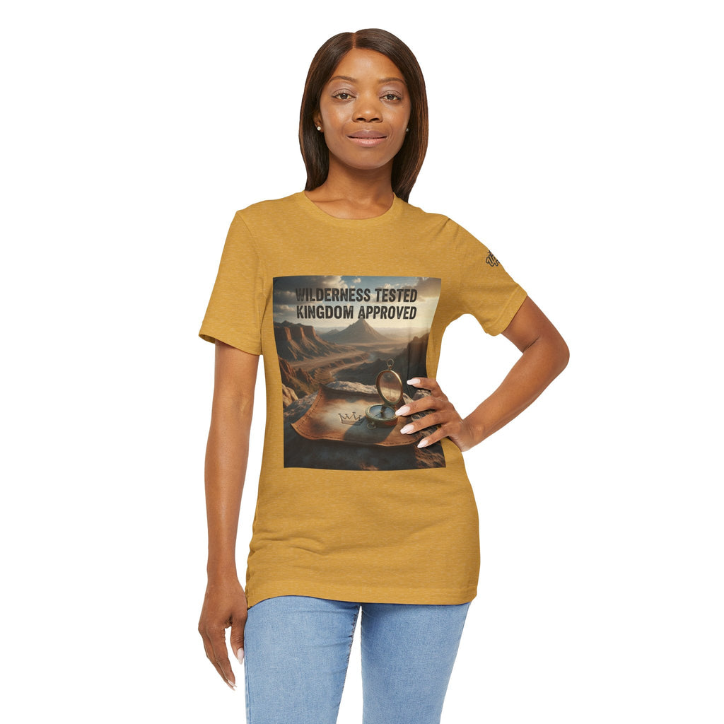 Wilderness Tested Kingdom Approved T-shirt – Mountain Desert Compass Crown Christian T-shirt for Biblical Adventure Faith Printify