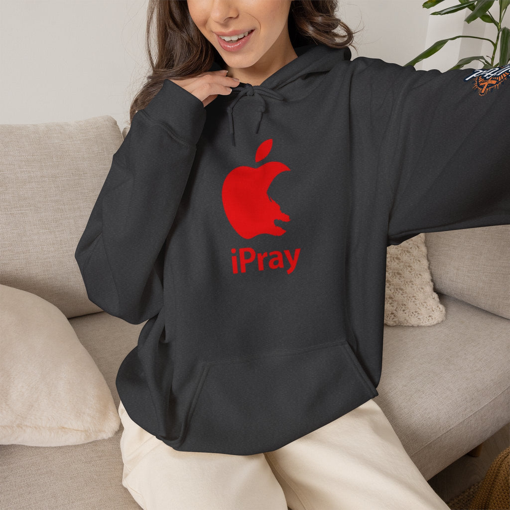 iPray Apple Logo Hoodie — Funny Christian Hoodie (Minimal Red Apple Graphic) Printify