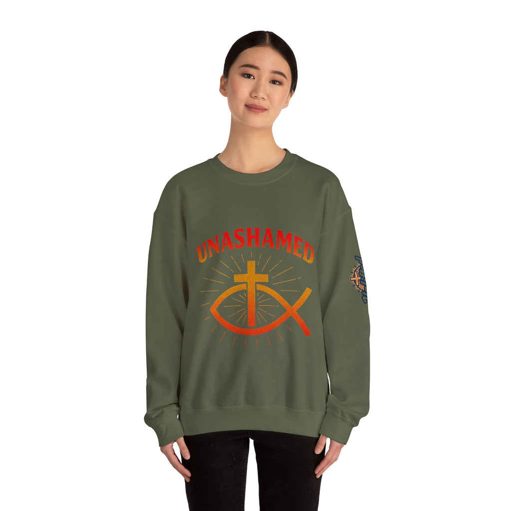 Unashamed Sweatshirt – Ichthys Jesus Fish & Cross Christian Sweatshirt for Romans 1:16 Bold Faith Printify