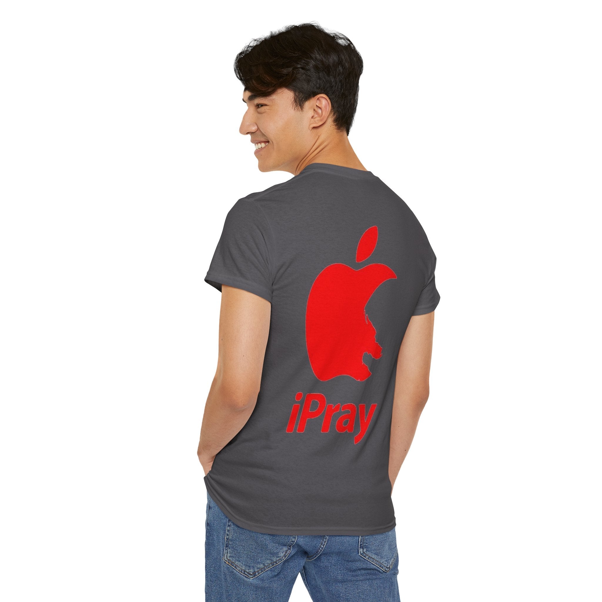 iPray Apple Logo Tee — Funny Christian T-Shirt (Minimal Red Apple Graphic) Printify