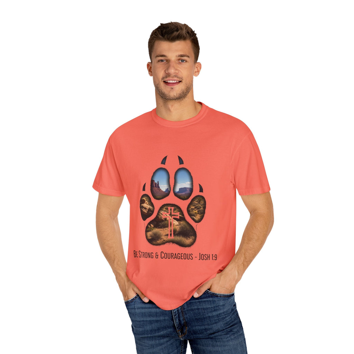Strong and Courageous T-Shirt – Canine Pawprint Desert Joshua 1:9 Christian Tee Printify