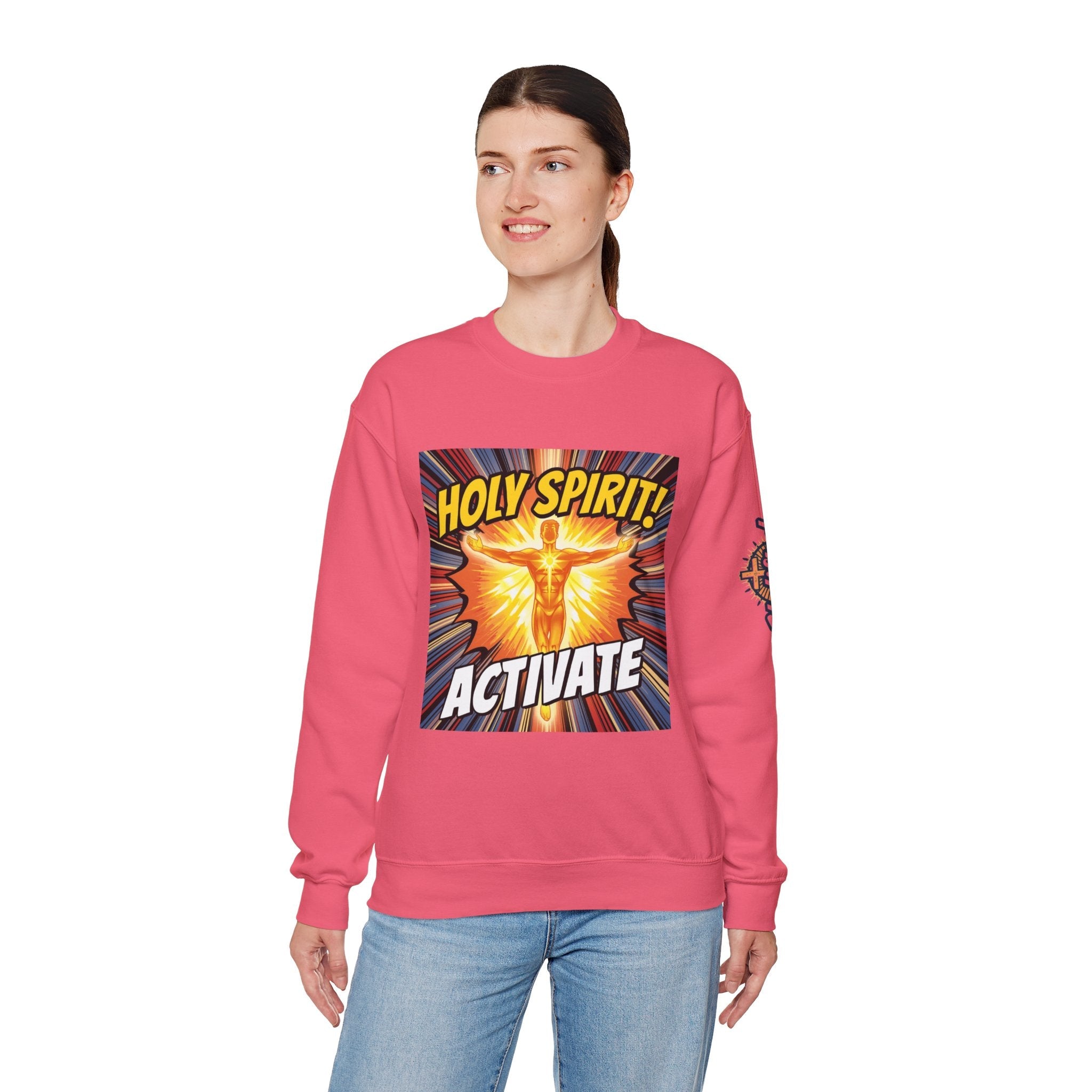 Holy Spirit Activate Sweatshirt – Superhero Christian Sweatshirt with Vibrant Power-Up Design for Faith-Fueled Boldness Printify