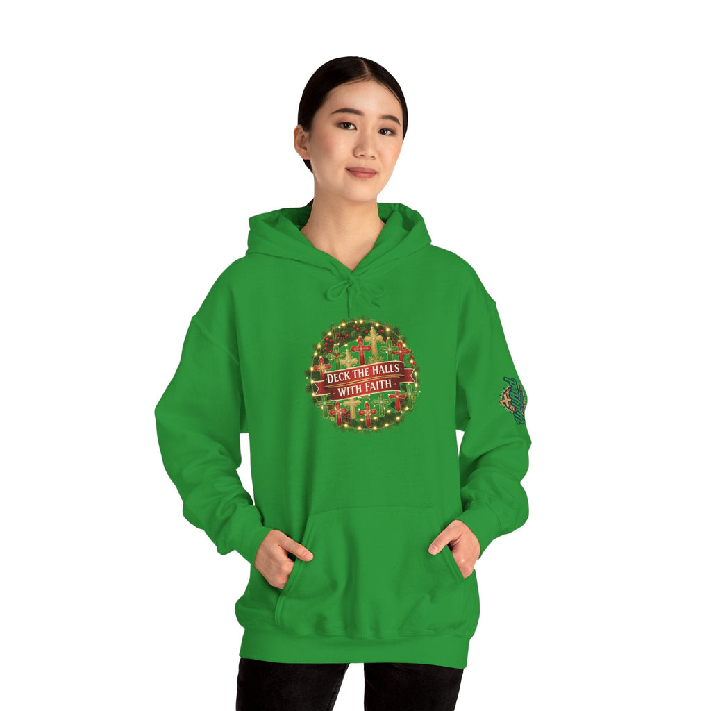 🎄 Deck the Halls with Faith – Christian Christmas Hoodie | Cross Ornament Design & Festive Garland | Bold Holiday Faith Tee by Uplifted Gear Printify