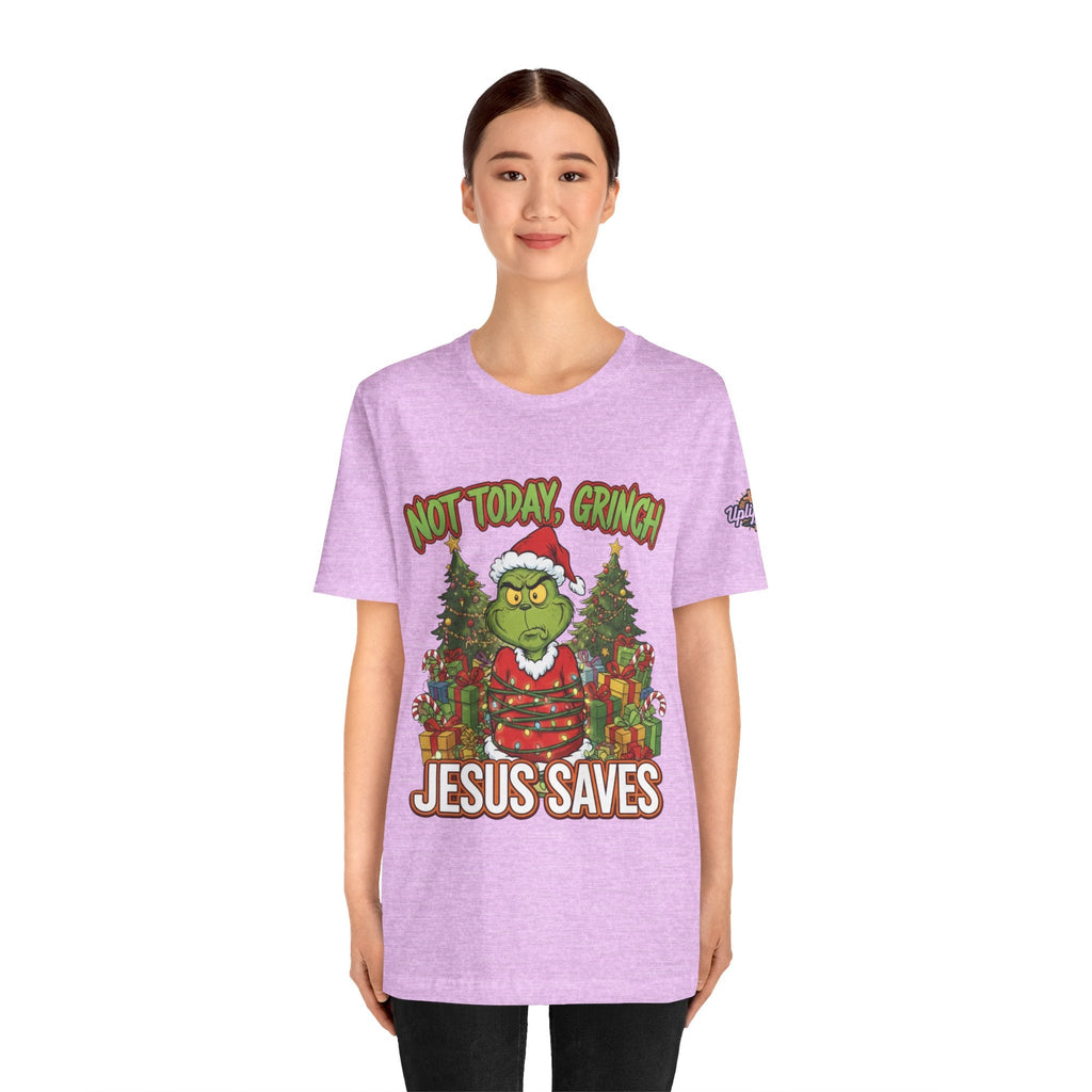 🎄 Not Today, Grinch – Jesus Saves | Funny Christian Christmas T-Shirt | Sulking Grinch & Glowing Cross | Bold Neon Faith Tee by Uplifted Gear Printify