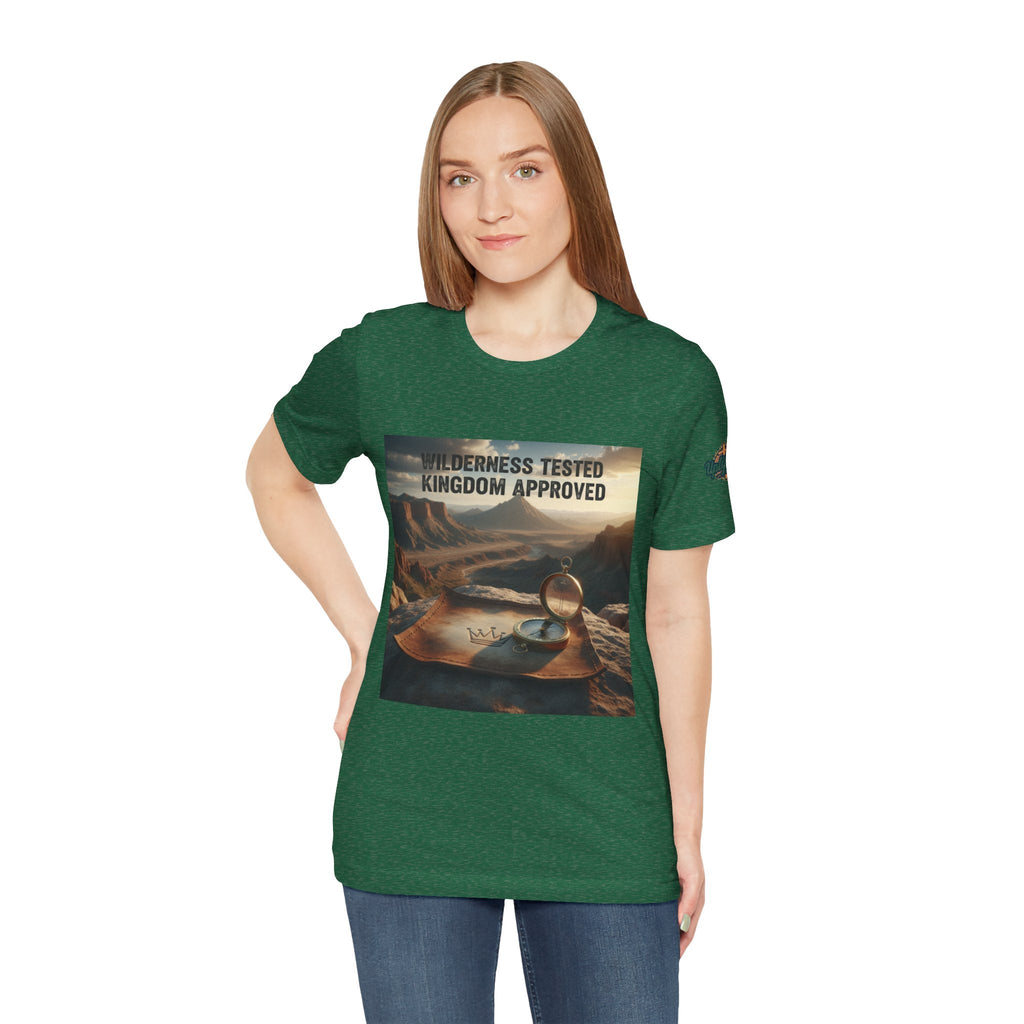 Wilderness Tested Kingdom Approved T-shirt – Mountain Desert Compass Crown Christian T-shirt for Biblical Adventure Faith Printify
