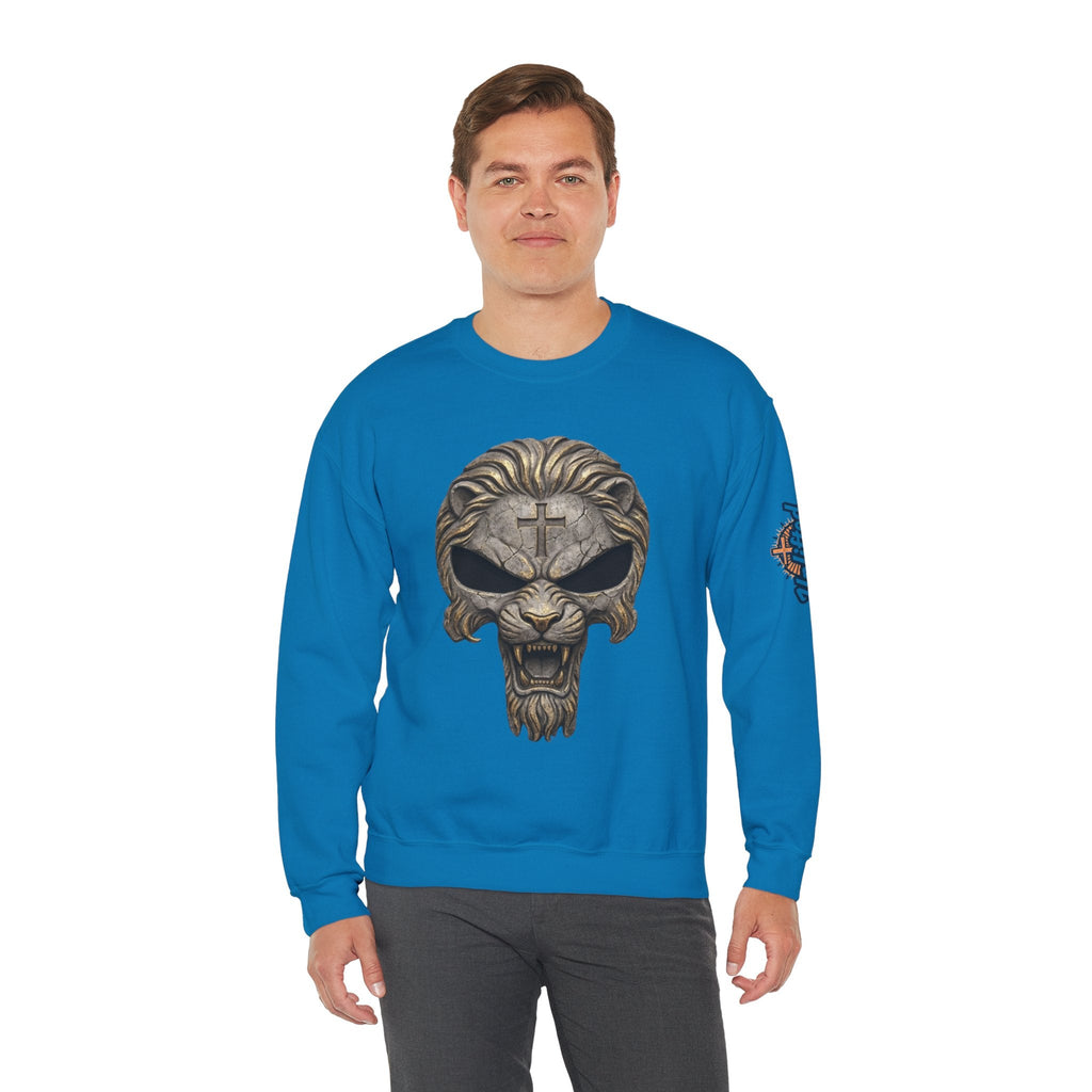 Lion of Judah Skull Christian Sweatshirt - Warrior Faith Cross Sweatshirt Printify
