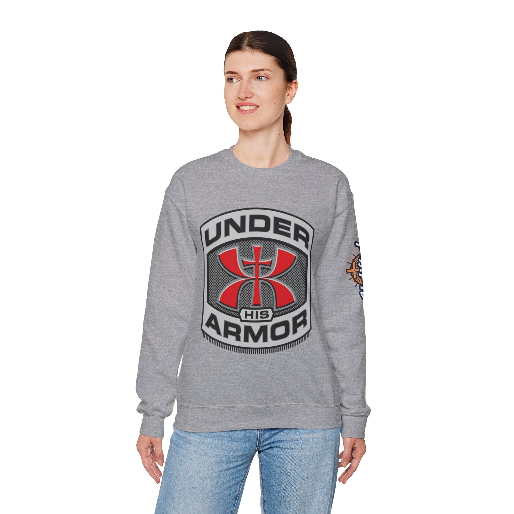 Under His Armor Crewneck Sweatshirt — Christian Faith Graphic Pullover Printify