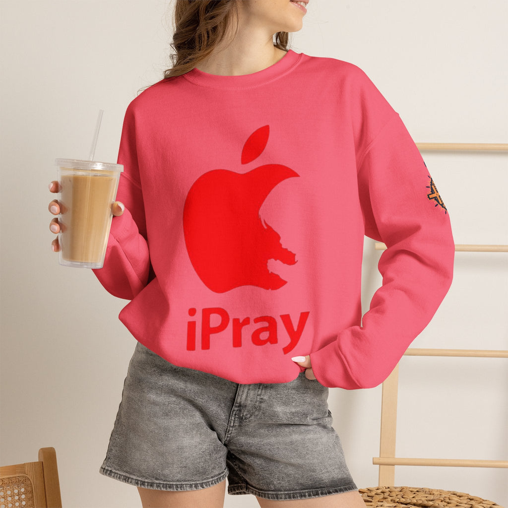 iPray Apple Logo Sweatshirt — Funny Christian Sweatshirt (Minimal Red Apple Graphic) Printify