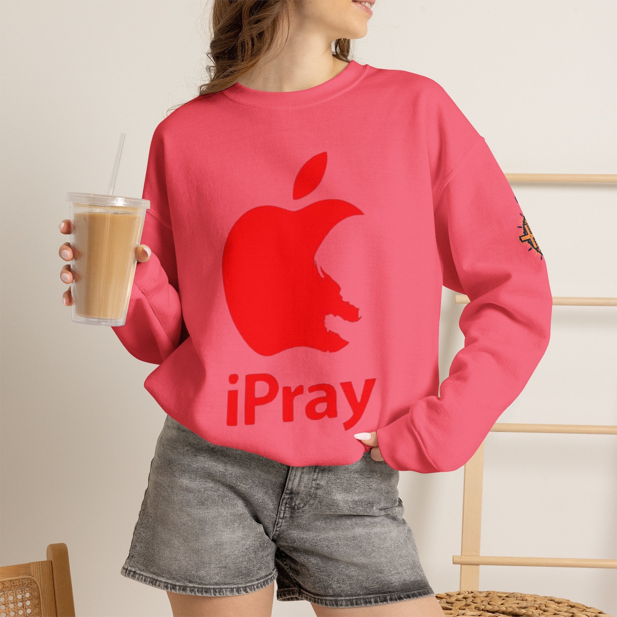 iPray Apple Logo Sweatshirt — Funny Christian Sweatshirt (Minimal Red Apple Graphic) Printify