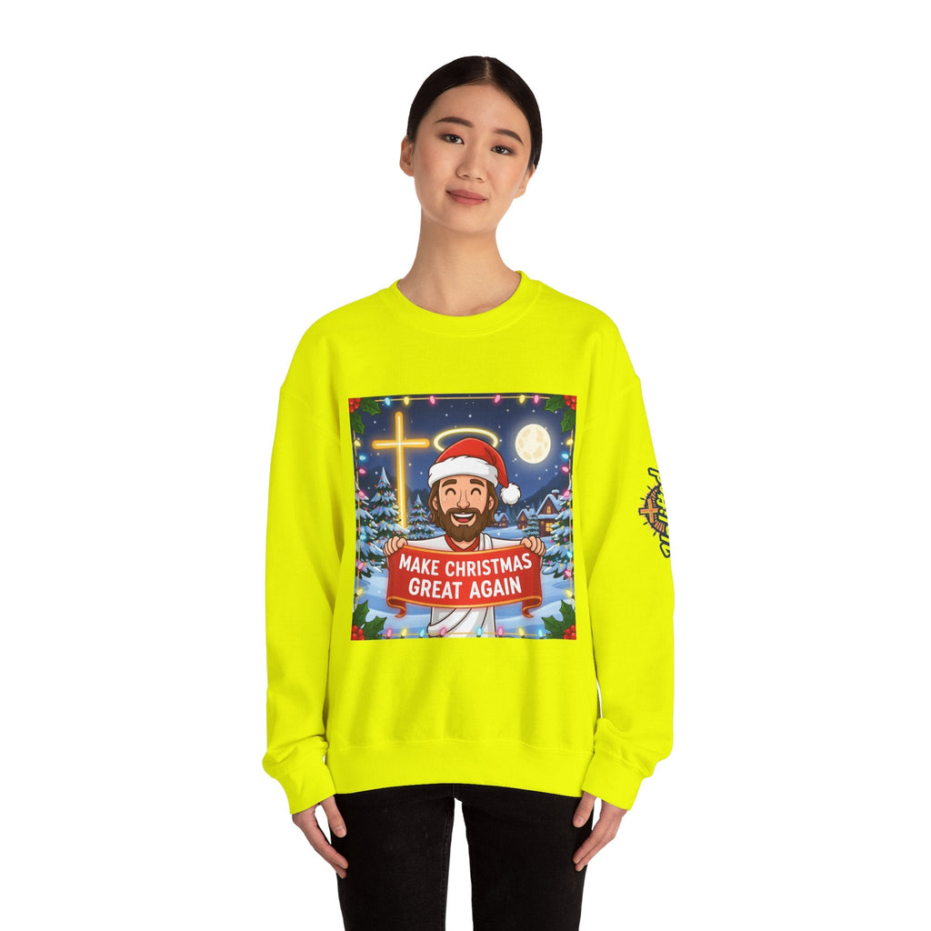 🎄 Make Christmas Great Again – Funny Christian Sweatshirt | Jesus Holding Banner | Faith-Based Holiday Parody Tee | Uplifted Gear Printify