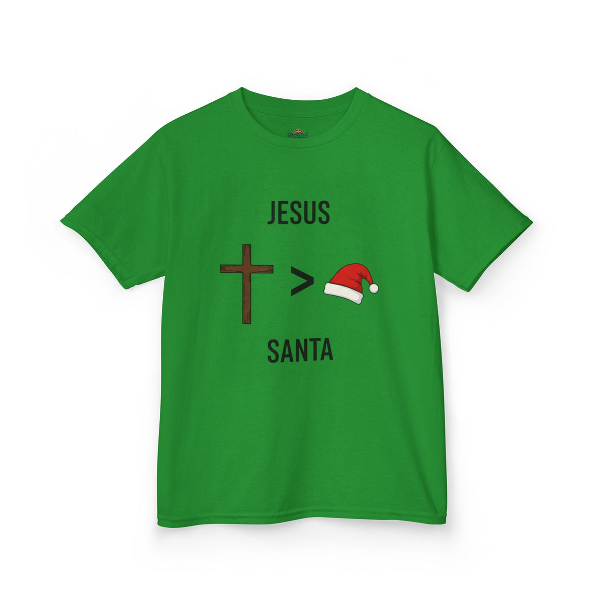 🎄 Jesus > Santa – Minimalist Christian Christmas Kids T-Shirt | Bold Faith Over Holiday Tee | Cross vs Santa Hat Design | Uplifted Gear Printify
