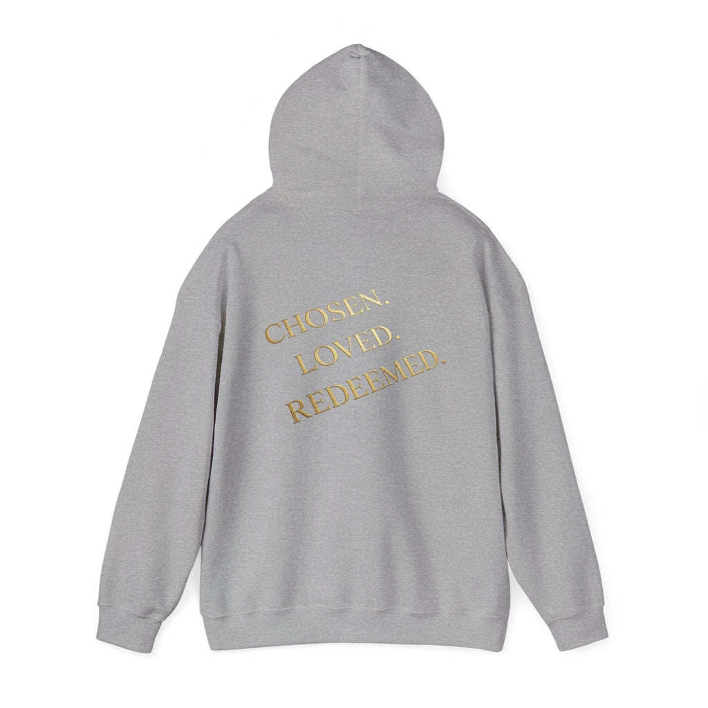 ✨ Chosen. Loved. Redeemed. – Elegant Christian Hoodie | Gold Foil Faith Tee | Subtle Cross & Heart Design | Inspirational Bible Verse Apparel by Uplifted Gear Printify