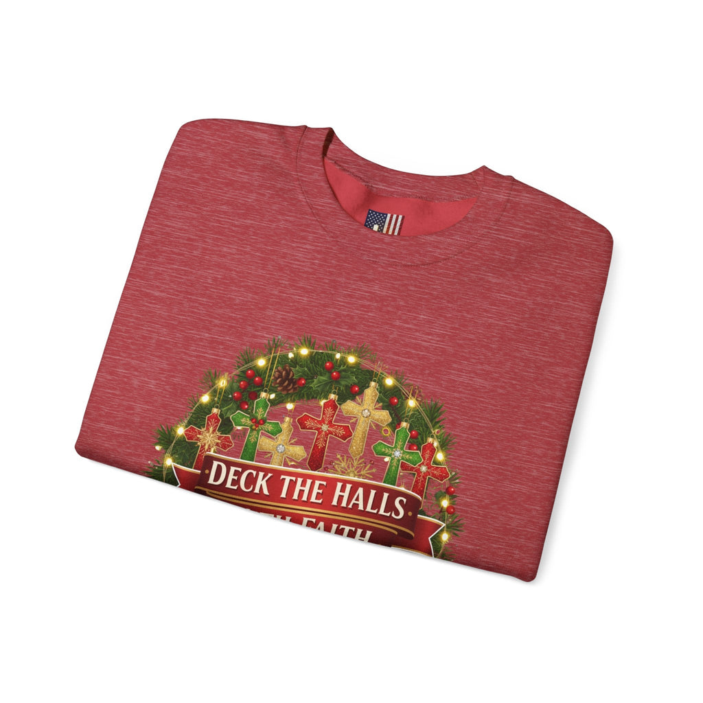 🎄 Deck the Halls with Faith – Christian Christmas Sweatshirt | Cross Ornament Design & Festive Garland | Bold Holiday Faith Tee by Uplifted Gear Printify