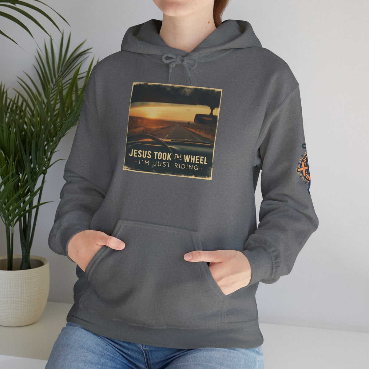 Jesus Took the Wheel I'm Just Riding Hoodie – Funny Christian Convertible Car Sweatshirt for Surrendered Faith & Humor Printify