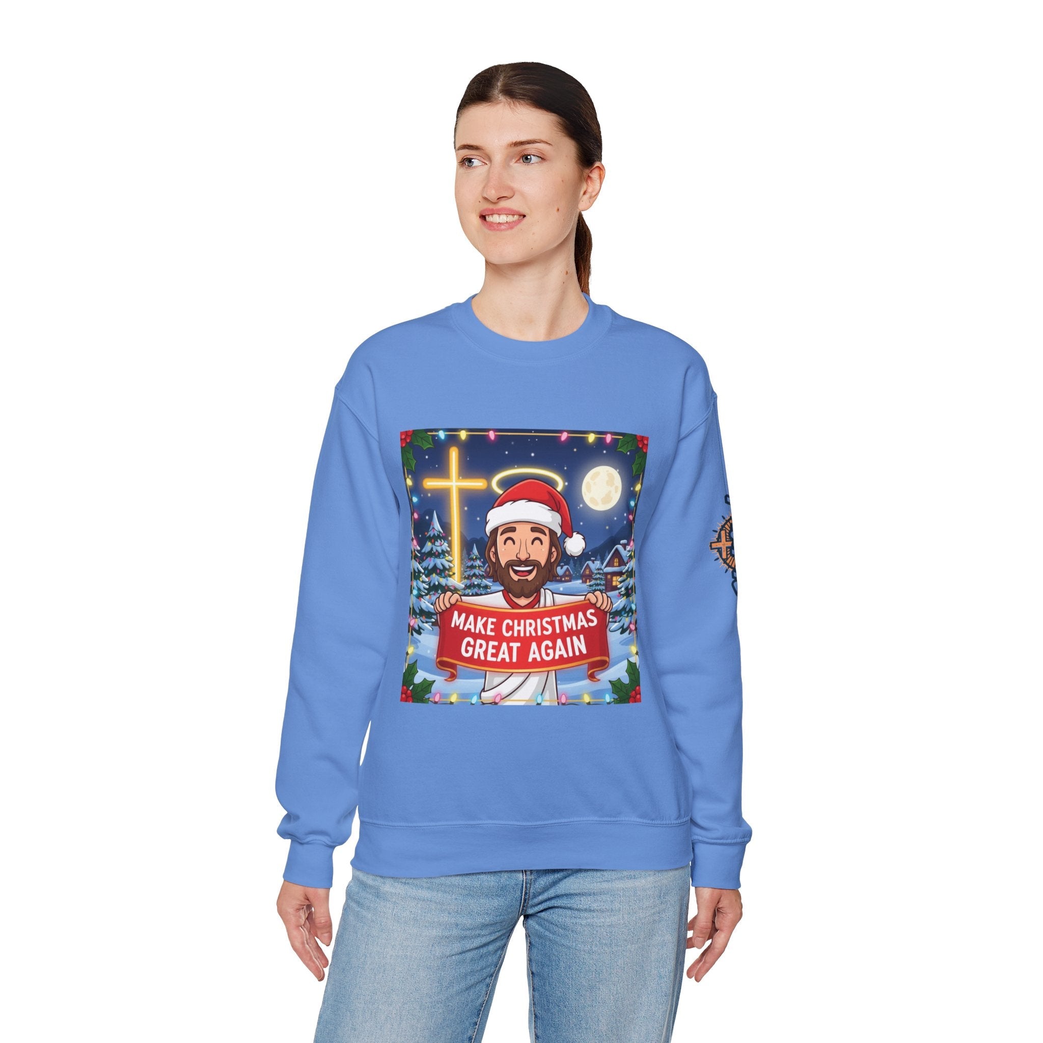 🎄 Make Christmas Great Again – Funny Christian Sweatshirt | Jesus Holding Banner | Faith-Based Holiday Parody Tee | Uplifted Gear Printify