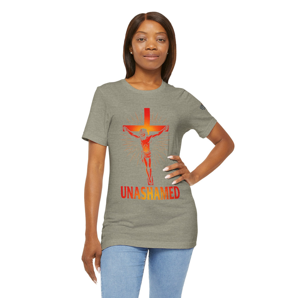 Unashamed T-shirt – Romans 1:16 Crucifixion Christian t-shirt for Bold Unwavering Faith Printify