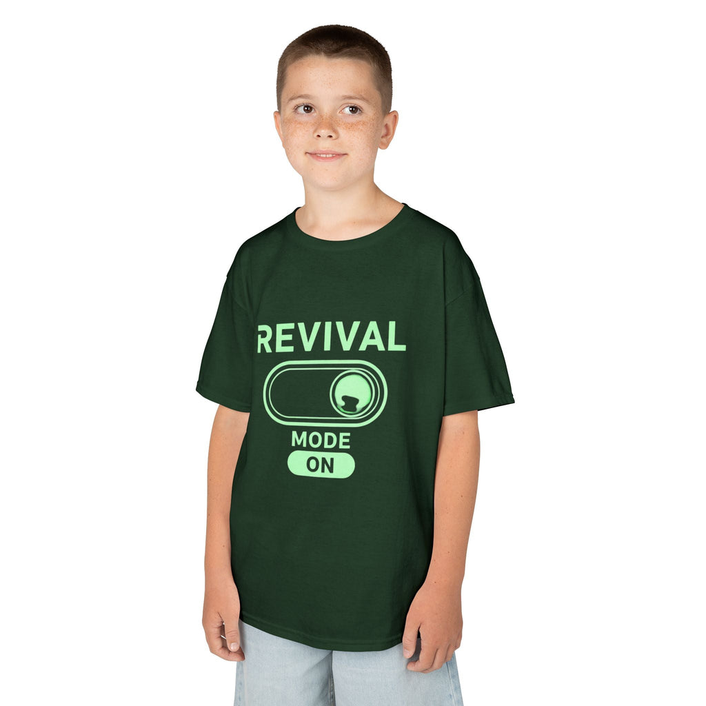 🔥 Revival Mode: ON – Christian Techwear Kids T-Shirt | Glowing Green Faith Switch | Futuristic Jesus Shirt | Activate Your Spiritual Awakening | Uplifted Gear Printify