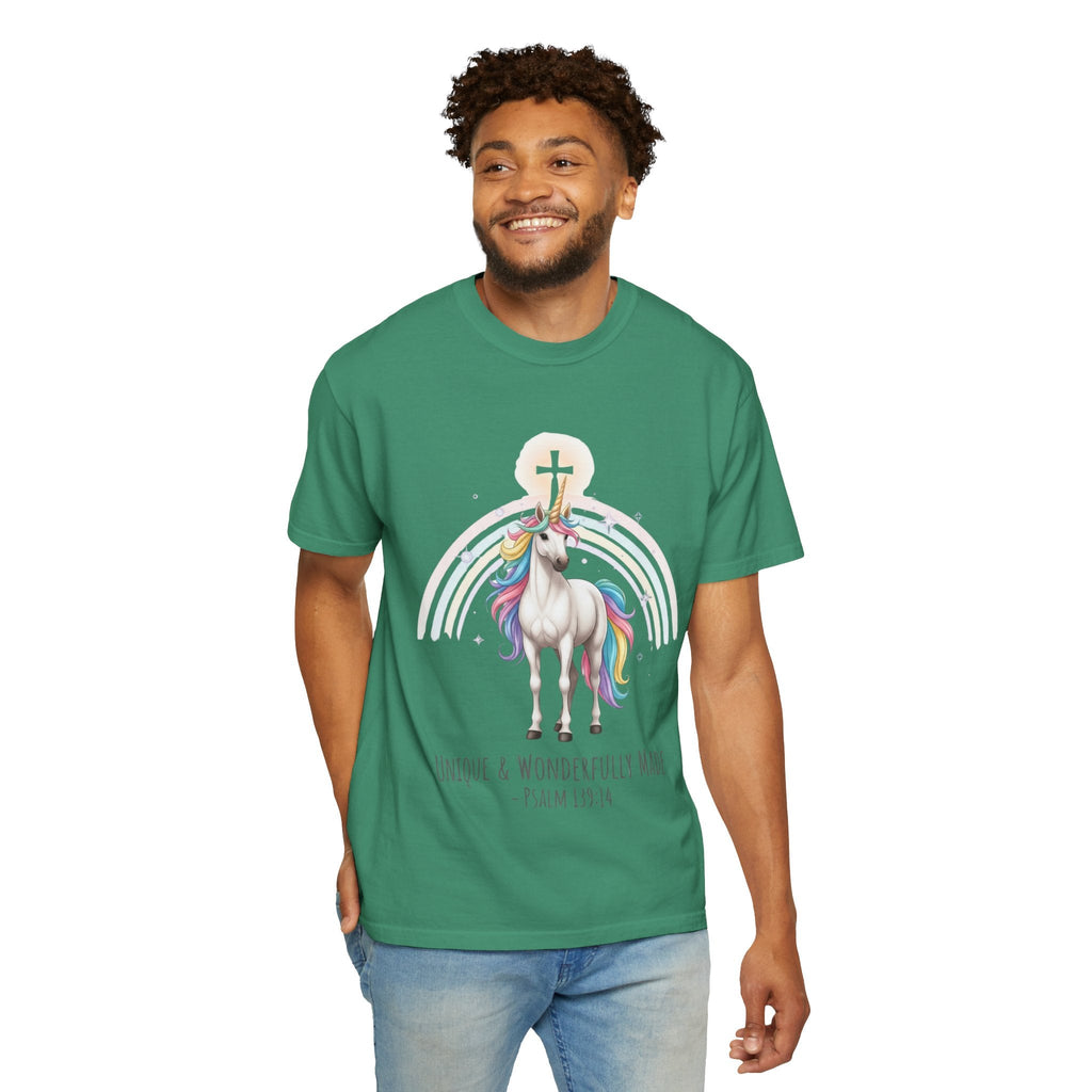 Unique Unicorn Christian T-Shirt – Wonderfully Made with Rainbow Cross & Psalm 139:14 Printify