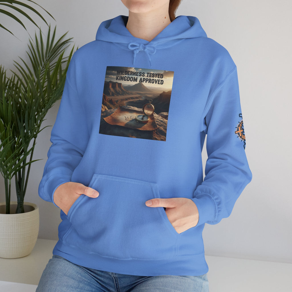 Wilderness Tested Kingdom Approved Hoodie – Mountain Desert Compass Crown Christian Sweatshirt for Biblical Adventure Faith Printify