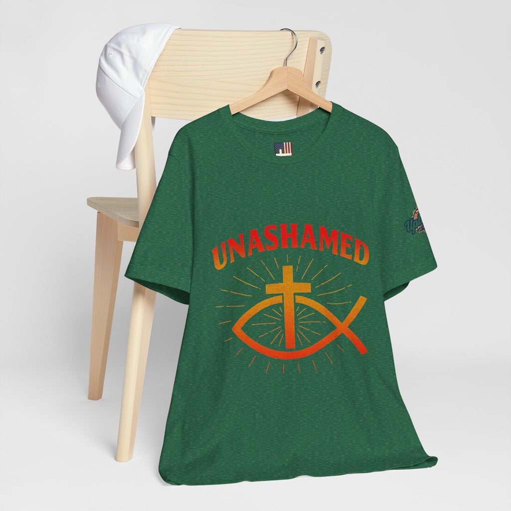 Unashamed T-shirt – Ichthys Jesus Fish & Cross Christian T-shirt for Romans 1:16 Bold Faith Printify
