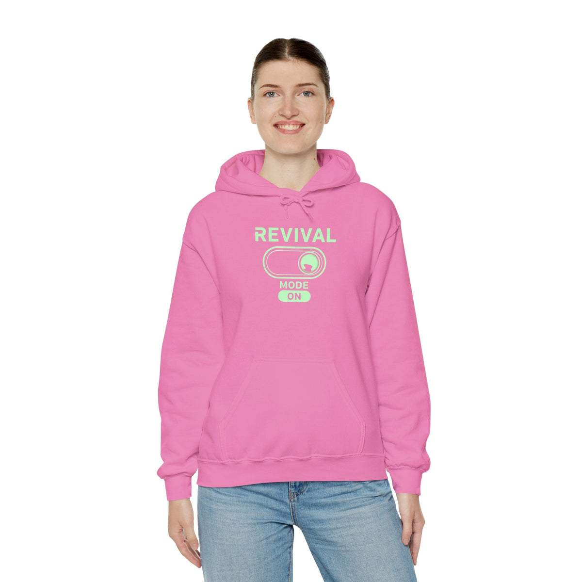 🔥 Revival Mode: ON – Christian Techwear Hoodie | Glowing Green Faith Switch | Futuristic Jesus Shirt | Activate Your Spiritual Awakening | Uplifted Gear Printify