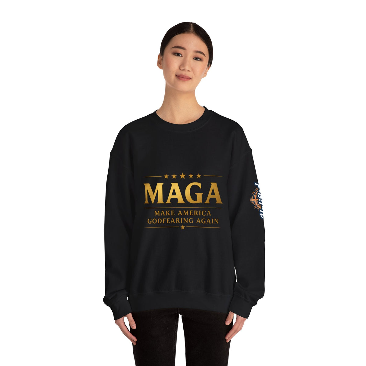 Sweatshirt — "MAGA Make America Godfearing Again" Gold Logo Crewneck Printify