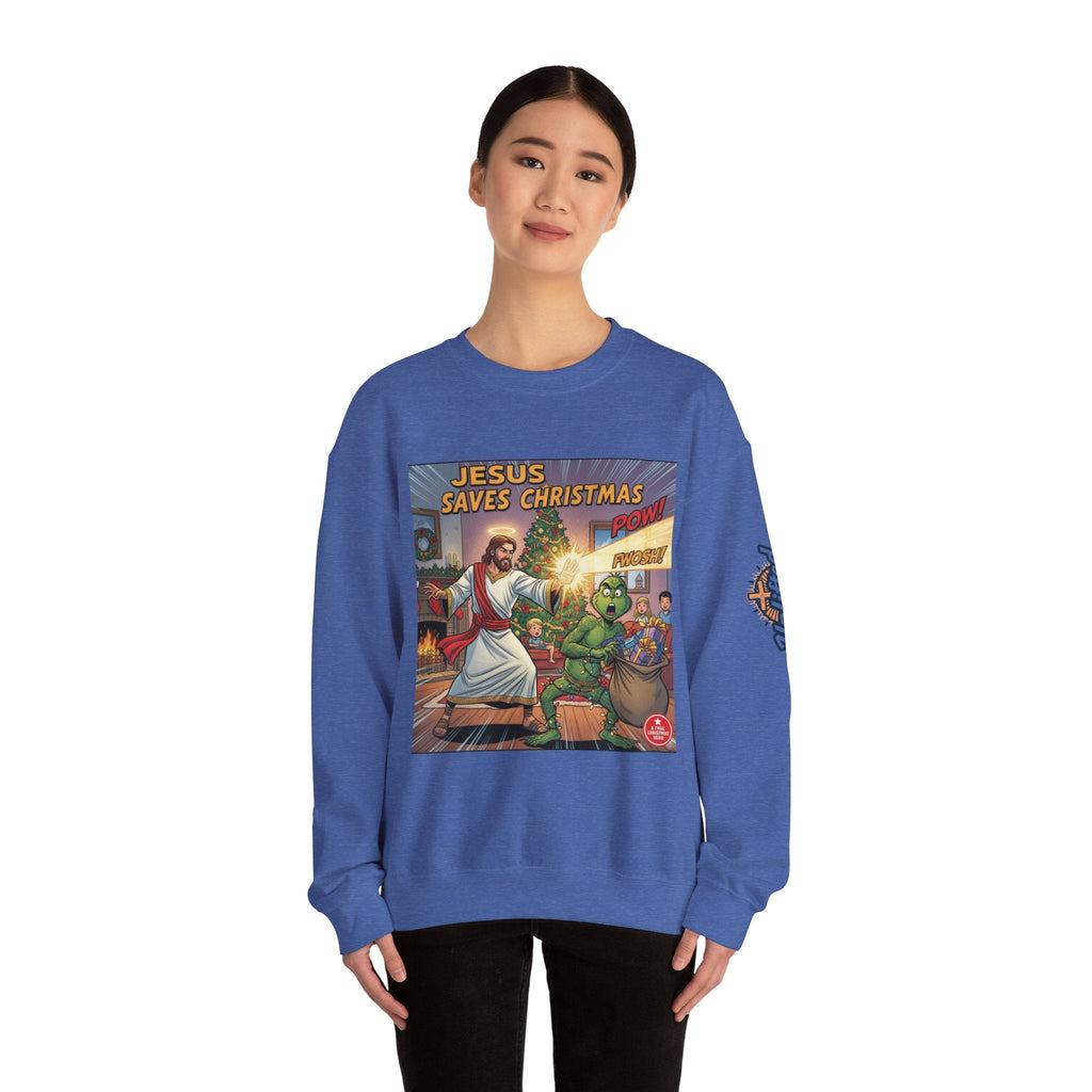 Jesus Saves Christmas Sweatshirt – Grinch vs Savior Light Battle Christian Sweatshirt for Hilarious Holiday Faith & True Joy Printify