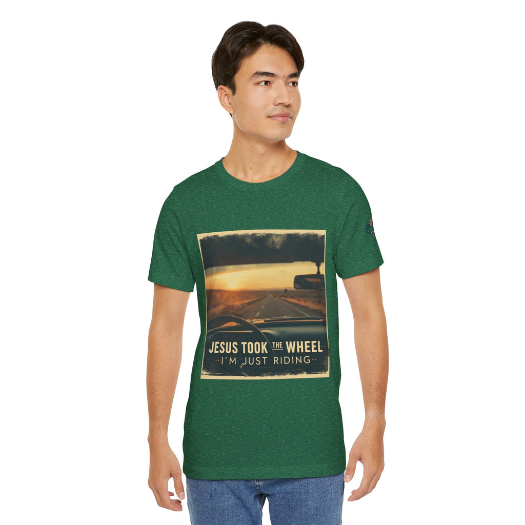 Jesus Took the Wheel I'm Just Riding T-shirt – Funny Christian Convertible Car T-shirt for Surrendered Faith & Humor Printify