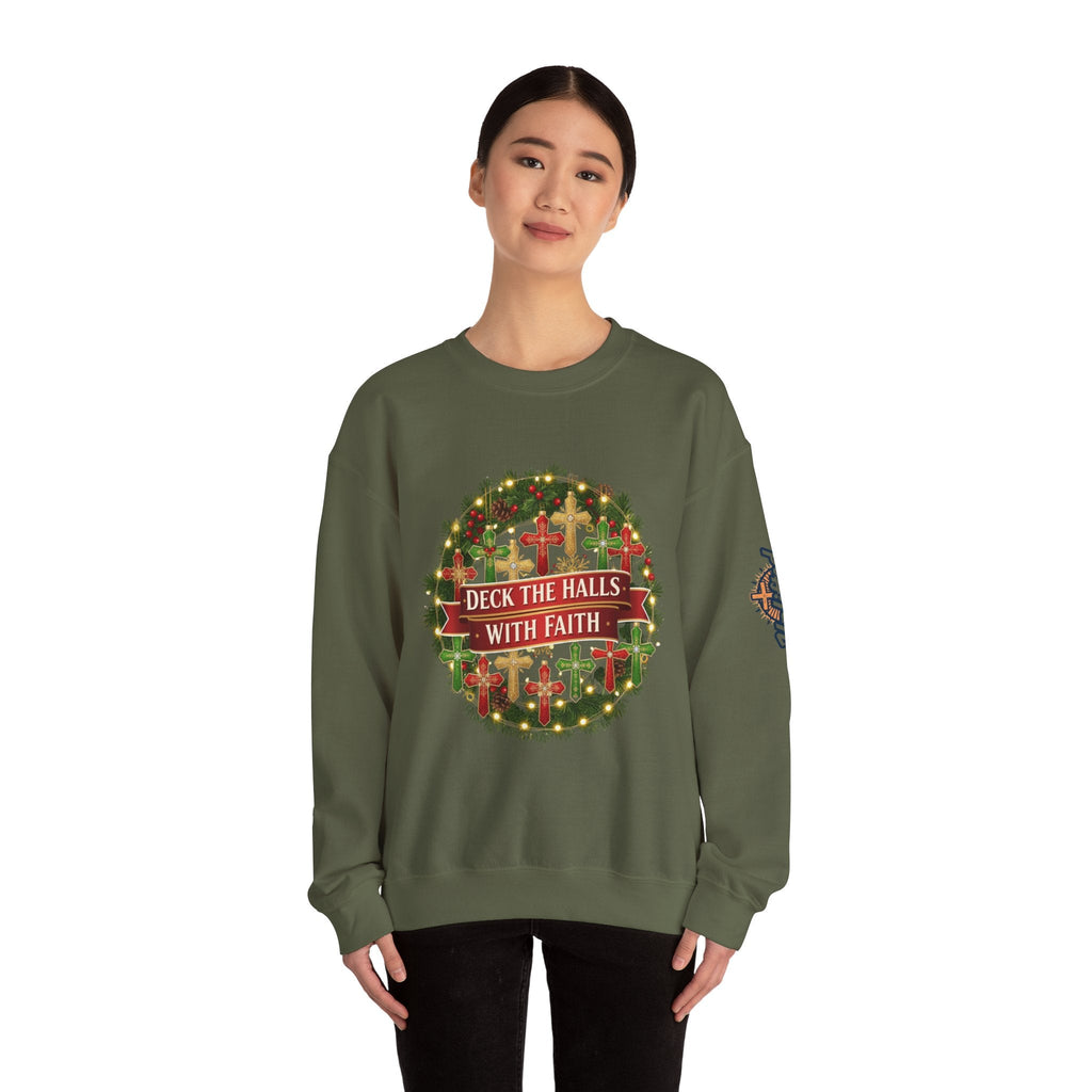 🎄 Deck the Halls with Faith – Christian Christmas Sweatshirt | Cross Ornament Design & Festive Garland | Bold Holiday Faith Tee by Uplifted Gear Printify