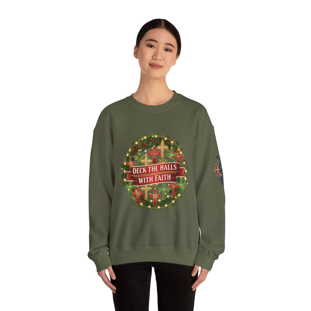 🎄 Deck the Halls with Faith – Christian Christmas Sweatshirt | Cross Ornament Design & Festive Garland | Bold Holiday Faith Tee by Uplifted Gear Printify