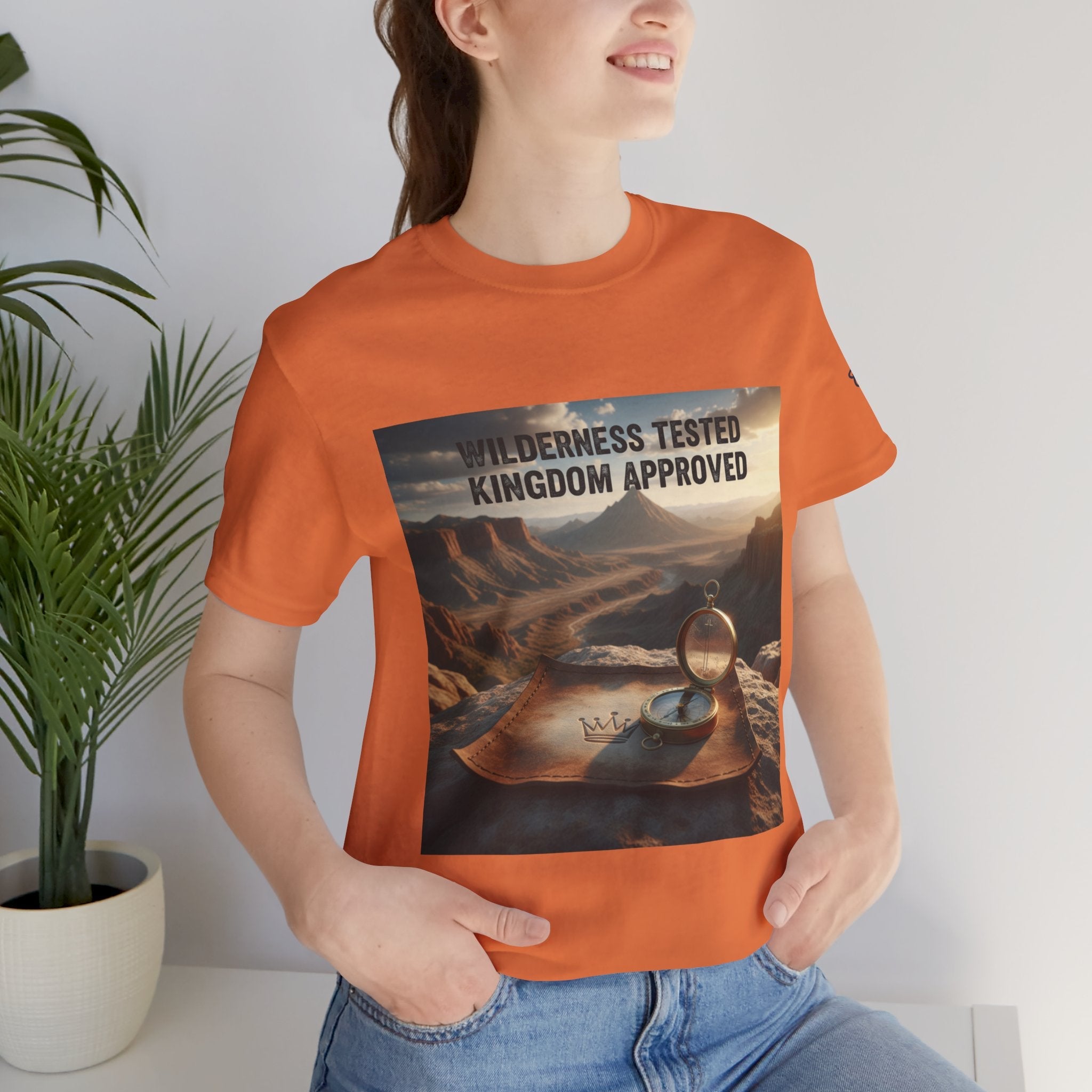 Wilderness Tested Kingdom Approved T-shirt – Mountain Desert Compass Crown Christian T-shirt for Biblical Adventure Faith Printify