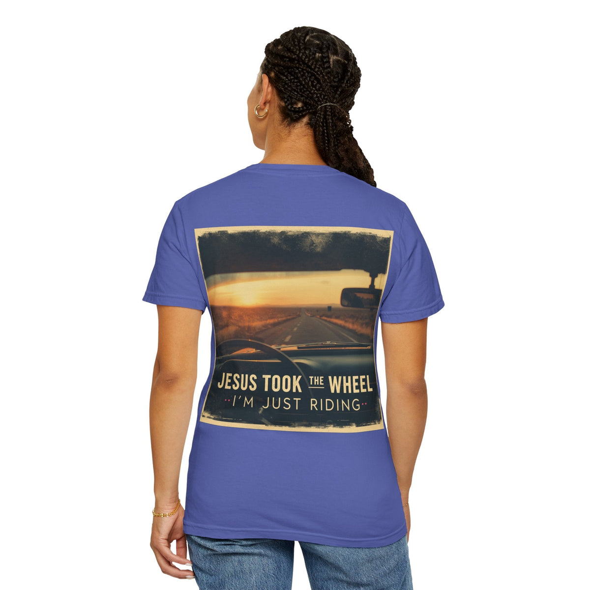 Jesus Took the Wheel I'm Just Riding T-shirt – Funny Christian Convertible Car T-shirt for Surrendered Faith & Humor Printify