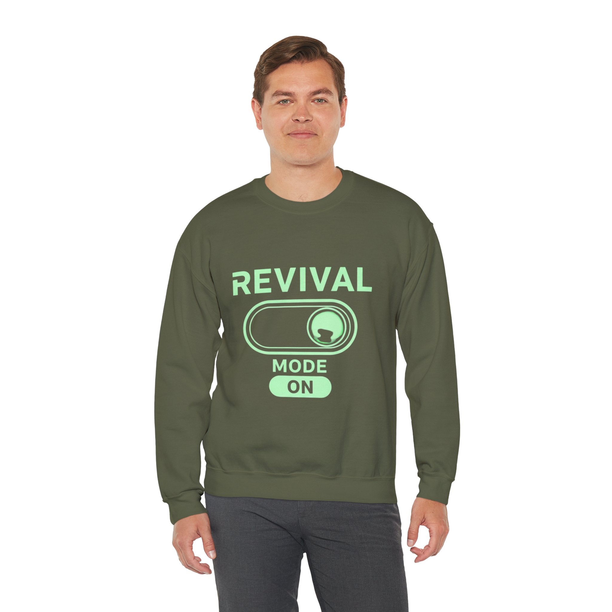 🔥 Revival Mode: ON – Christian Techwear Sweatshirt | Glowing Green Faith Switch | Futuristic Jesus Shirt | Activate Your Spiritual Awakening | Uplifted Gear Printify