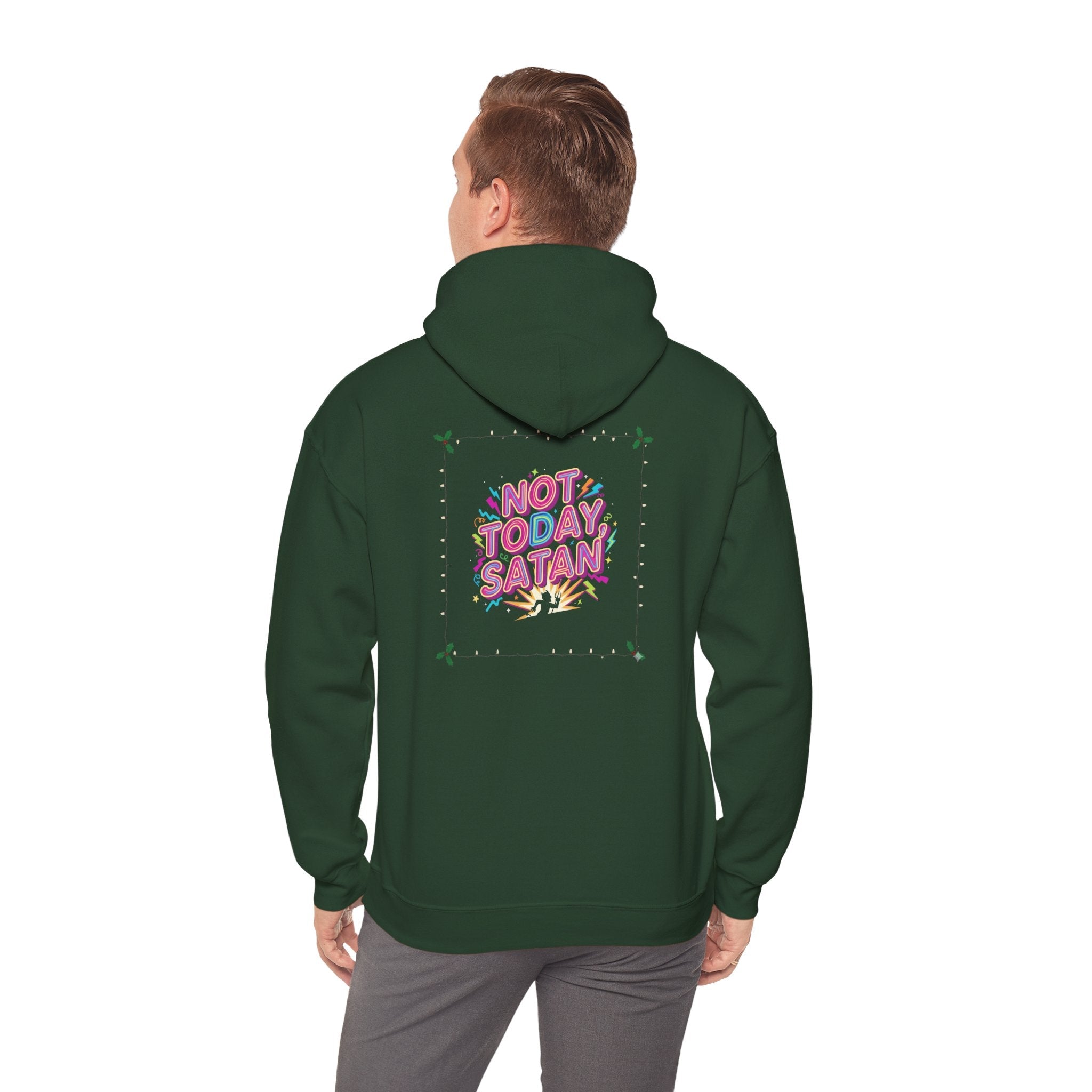 🔥 Not Today, Satan – Retro 90s Christian Hoodie | Neon Faith Tee | Funky Cartoon Devil | Bold Bible Verse Shirt | Uplifted Gear Printify