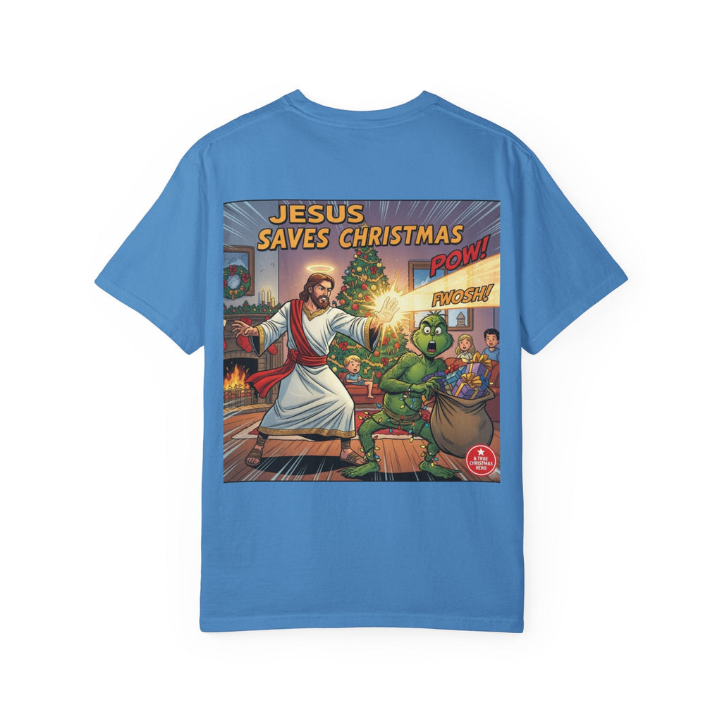 Jesus Saves Christmas T-shirt – Grinch vs Savior Light Battle Christian T-shirt for Hilarious Holiday Faith & True Joy Printify