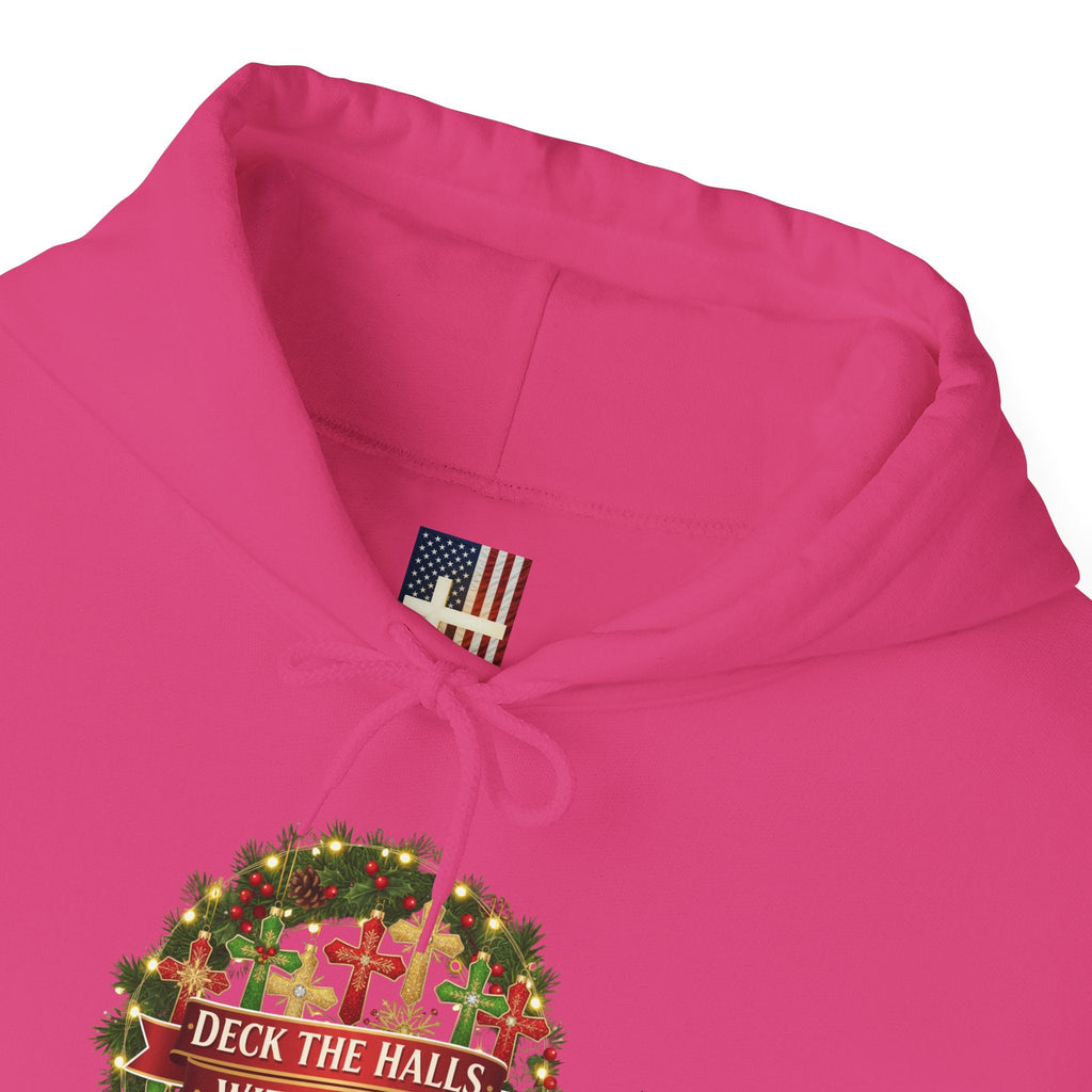 🎄 Deck the Halls with Faith – Christian Christmas Hoodie | Cross Ornament Design & Festive Garland | Bold Holiday Faith Tee by Uplifted Gear Printify