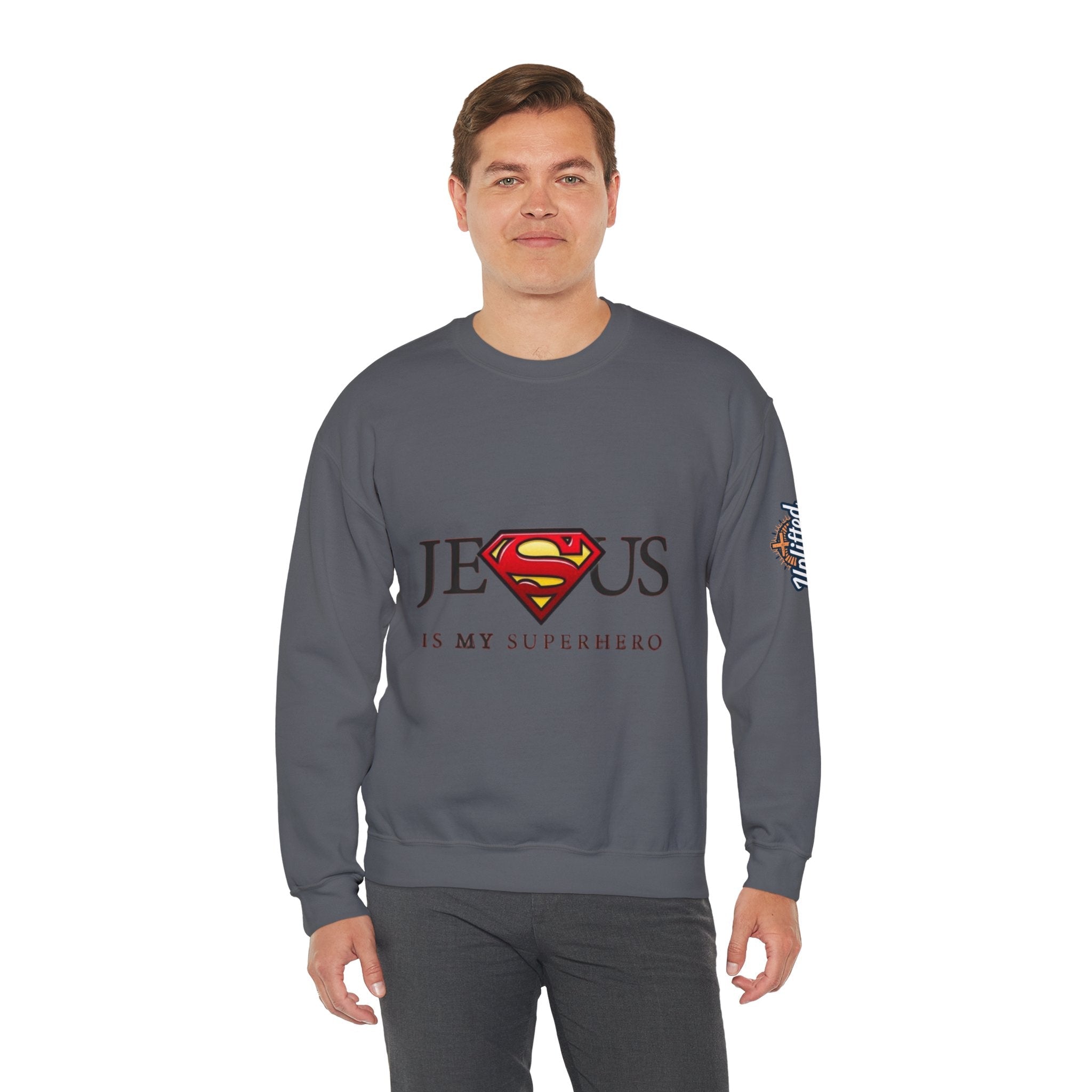 Jesus Is My Superhero Crewneck Sweatshirt Printify