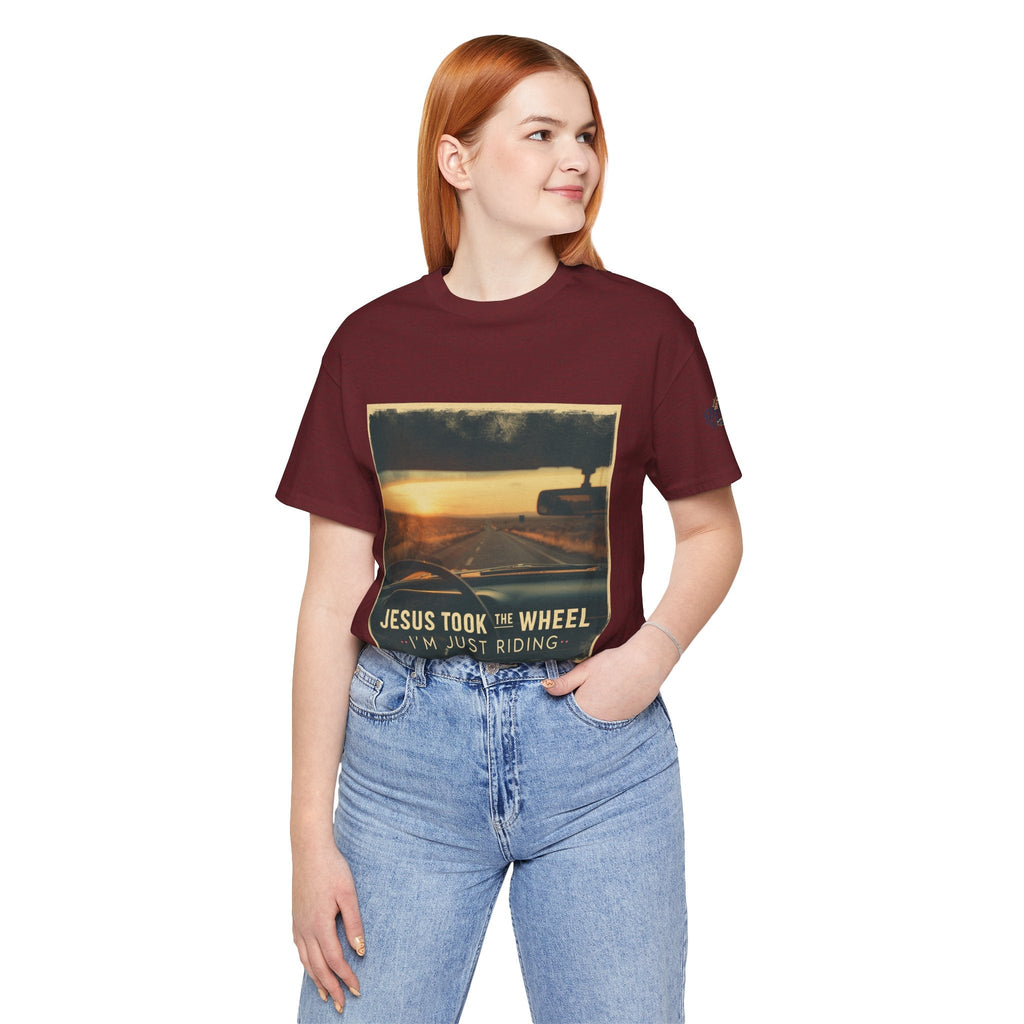 Jesus Took the Wheel I'm Just Riding T-shirt – Funny Christian Convertible Car T-shirt for Surrendered Faith & Humor Printify