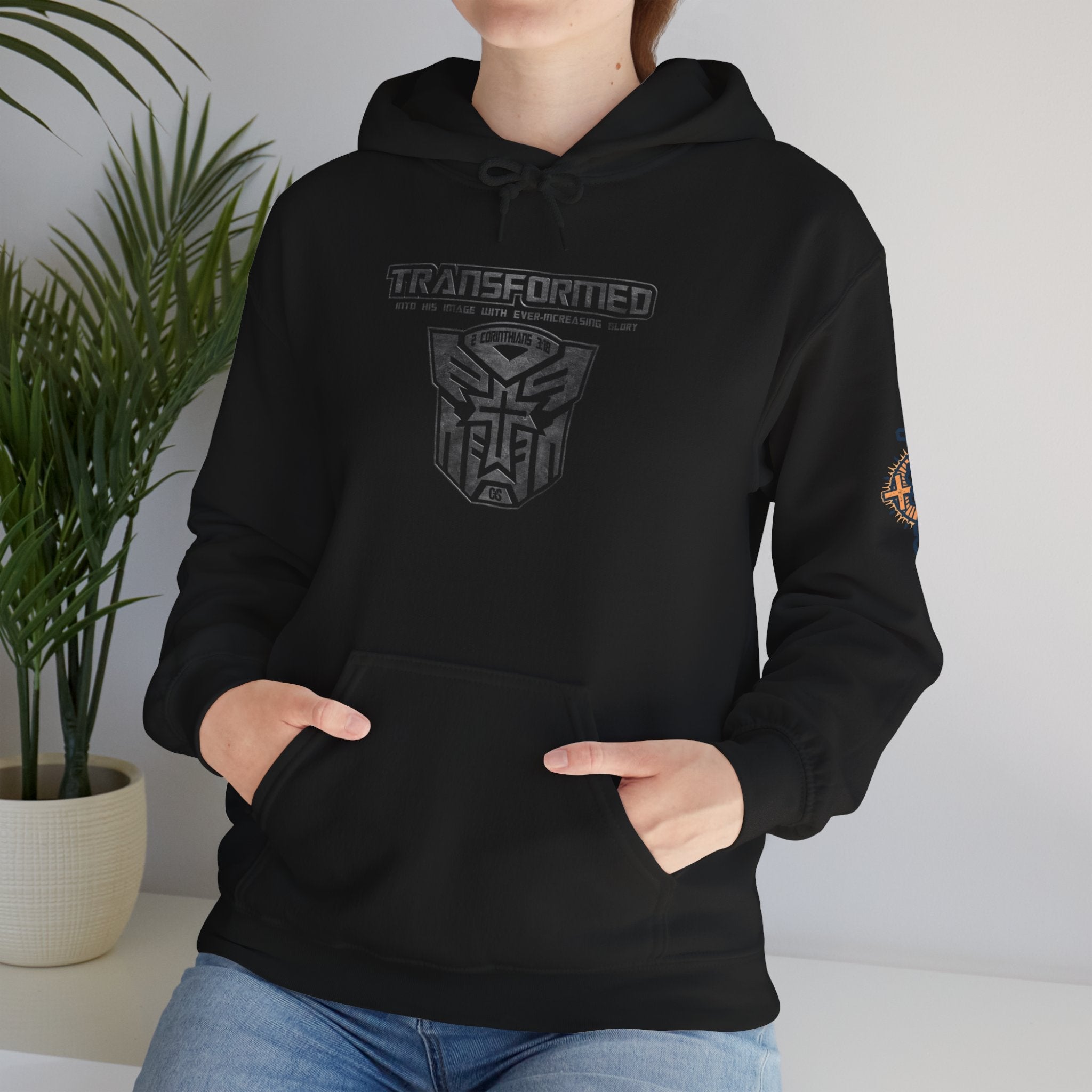 Transformer Logo Christian Hoodie | 2 Corinthians 3:18 Bible Verse Hoodie Printify