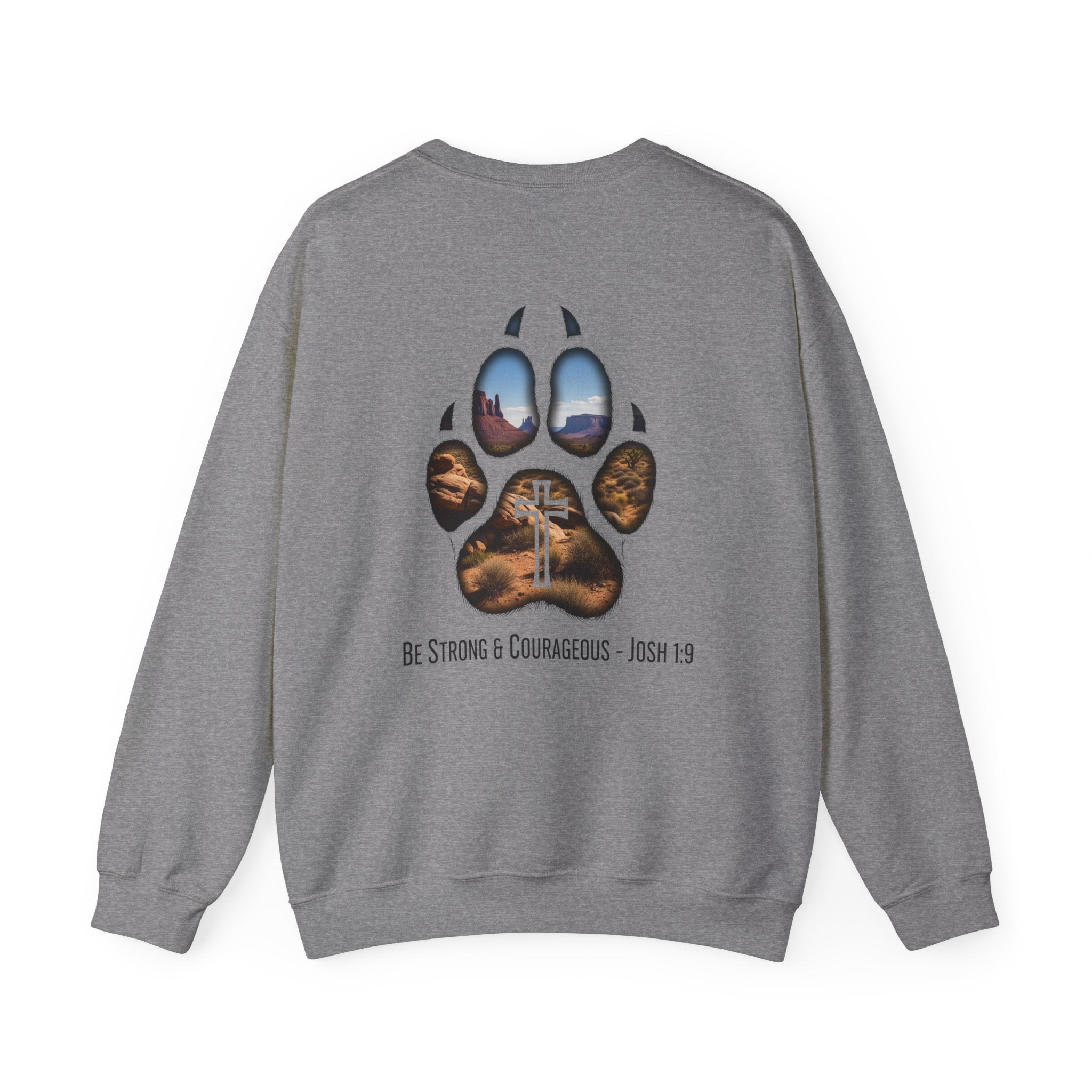 Strong and Courageous Sweatshirt – Joshua 1:9 Canine Pawprint Desert Christian Sweatshirt for Dog Lovers Printify