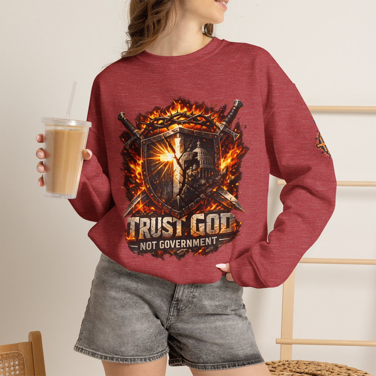 Trust God Not Government Shield Sweatshirt — Patriotic Christian Faith Sweatshirt Printify